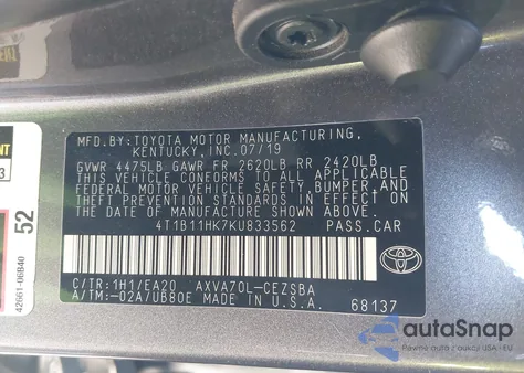 2019 Toyota Camry Se из США, поврежденный, VIN 4T1B11HK7KU833562